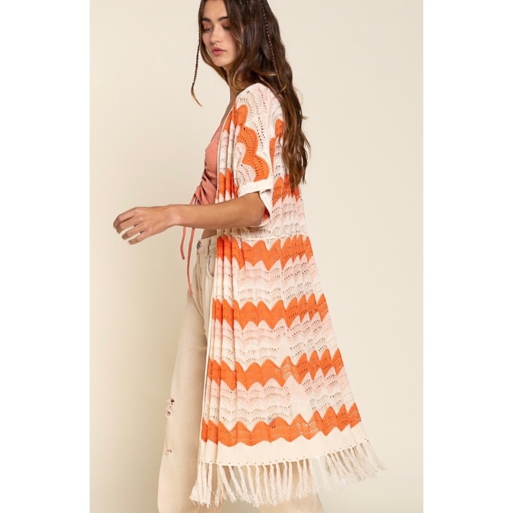 POL Cream & Orange Striped Crochet Cardigan with Fringe - Picture 5 of 8